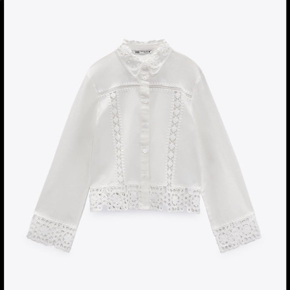 Collared shirt with long sleeves. Matching crochet detail. Button-up front. - Picture 3 of 8